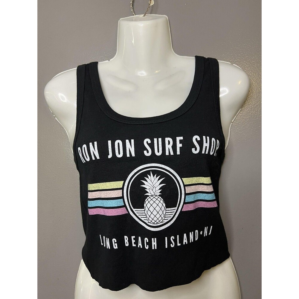 Ron Jon Surf Shop Tank Top Womens Medium Black Pineapple Striped Graphic Crop